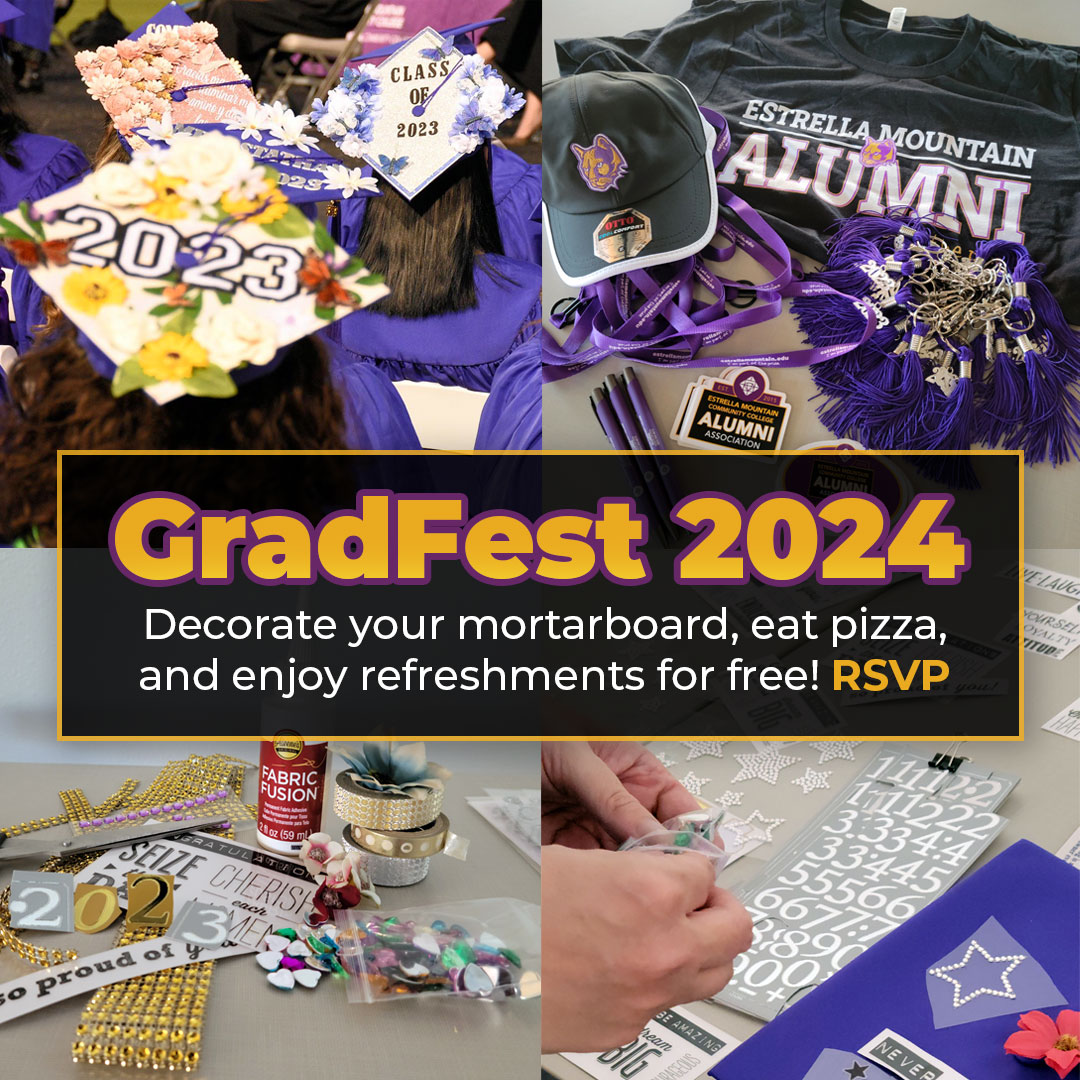Graduating Mountain Lions, join us today from 11 AM - 2 PM at the Plaza Gallery for GradFest! Decorate your mortarboard & enjoy some delicious pizza! Don't have your cap yet? You can still grab supplies! Visit👉 estrellamountain.edu/events/gradfest or click the link in bio👆 for more info.