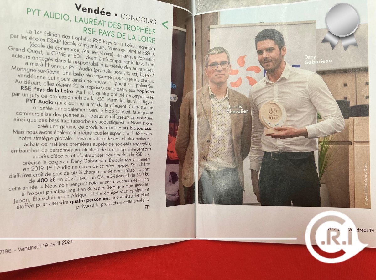 📣[REVUE DE PRESSE]

Félicitations à notre pépite PYT Audio pour son article dans l'@infojud44
 dans le cadre de la 14e édition des trophées RSE Pays de la Loire ! 🌍
Dany Gaborieau et Thibault MERCIER 👏🏻
#RP #actu #pépite #TrophéesRSE2024