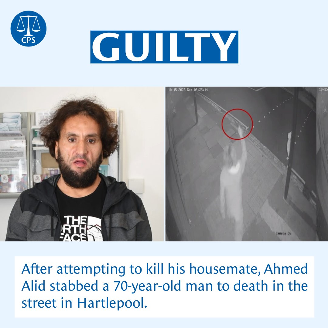⚖️ Today at Teeside Crown Court, Ahmed Alid, 45, was convicted of murder, attempted murder and two counts of assaulting emergency workers after he stabbed a man to death, then assaulted two detectives during his police interviews. Read more⬇️ cps.gov.uk/cps/news/man-c…