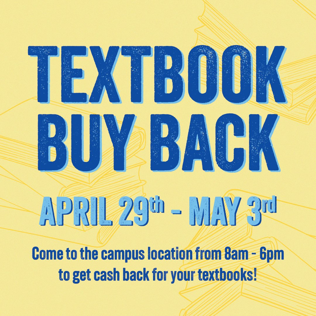 📖Have old textbooks taking up space? 📖

Let us take them off your hands in exchange for cash starting Monday, April 29th!
-
*Offer available April 29th through May 3rd
*Campus Location ONLY
-
#SDState #JacksCentral #GoJacks #EarsUp #FinalsWeek #Jackrabbits