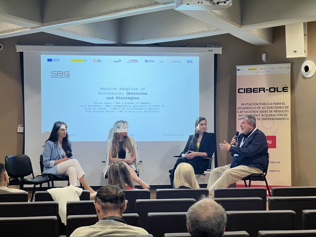 Exciting panel 'Massive Adoption of Blockchain: Obstacles and Strategies' with @SilviaMogas CEO & Founder @BMBWeb3, Laura Estefania Web3 Comms at Hokku PR, Salma El Ouadi Comms & PR in Blockchain and Jose Fernando Molina CEO @_tblockchain. @Ibiza_Travel #IbizaTechForum