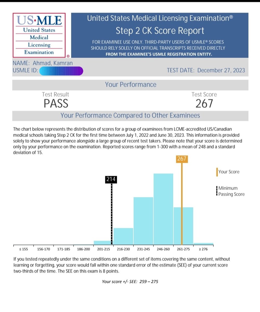drkamikhan123's tweet photo. 🎉 Attention Tutor Community! 🎉

I've received numerous inquiries about my study resources, strategies, and assessments leading to my score of 267 on the USMLE Step 2 CK. I'm Kamran Ahmad, a graduate of Khyber Medical College, Peshawar, class of 2020. Here's a comprehensive breakdown:

📚 Study Resources:

UWorld: 
I began my journey with UWorld, utilizing its random and timed mode from day one to simulate exam conditions. Initially scoring at 63%, my performance gradually improved as I progressed through the questions. By the time I completed 80% of UWorld, I saw a significant improvement.
Amboss Qbank: 
I incorporated Amboss Qbank specifically for hospital safety and Ethics Questions. Although not my primary resource, it provided valuable supplementary practice in these areas.
Amboss Library: 
Used to strengthen my weak areas, the Amboss Library proved to be a valuable resource in reinforcing concepts and understanding challenging topics.
CMS Forms 7 & 8: 
These forms were particularly helpful for subjects such as pediatrics, ObGyn, Surgery, neurology, and medicine. I used them to supplement my study material and ensure comprehensive coverage of the exam content.
High Yield Divine Podcast:
 This podcast served as an additional learning tool, providing high-yield information and insights that complemented my study materials.

📝 Assessments (with Time Duration):
Throughout my preparation, I tracked my progress with assessments:

UWSA1 (3 months before exam): 262
NBME9 (2.5 months before exam): 251
NBME10 (2 months before exam): 264
NBME11 (50 days before exam): 266
NBME12 (35 days before exam): 257
NBME13 (25 days before exam): 266
NBME14 (15 days before exam): 267
UWSA2 (10 days before exam): 267
Online Free 120 (one day before exam): 85%

📅 Timeline:
My USMLE journey spanned 15 months, concurrently with an internal medicine residency and OET, with a dedicated period of 8 weeks leading up to the exam

📅 Final Days Before Exam:
In the last 10 days, I focused on revising algorithms from UWorld and integrating new CMS forms (7 & 8) into my study routine. The day before the exam, I prioritized relaxation and only completed the Online Free 120 to maintain a calm mindset.

🏋️ Exam Day:
On the day of the exam, I ensured I was well-prepared both mentally and physically. I woke up early, had a nutritious breakfast, and arrived at the exam center early. Throughout the exam, I took breaks after each block to stay refreshed and brought along almonds, dates, and an energy drink for sustenance.

Remember, staying relaxed during the exam is crucial. Avoid dwelling on single questions for too long and keep moving forward. Additionally, I pursued OET concurrently with CK preparation, maximizing my efficiency.

Feel free to reach out if you have any further questions. Best of luck to all tutors preparing for the USMLE Step 2 CK! 💪👨‍⚕️ #USMLE #Step2CK #TutorCommunity