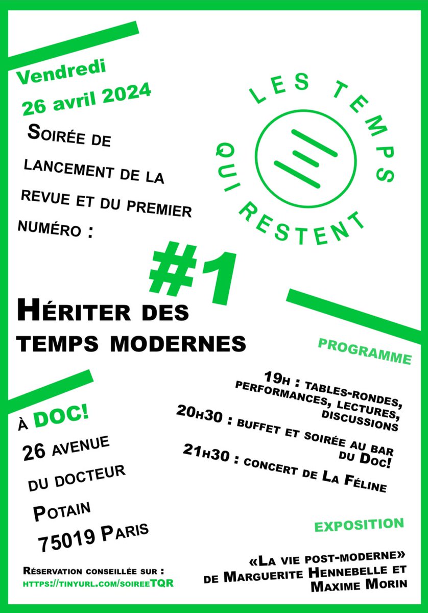 Demain au DOC! pour la soirée de lancement de la revue Les Temps qui Restent! Réserver sur TINYURL.com/soireeTQR #concert #paris