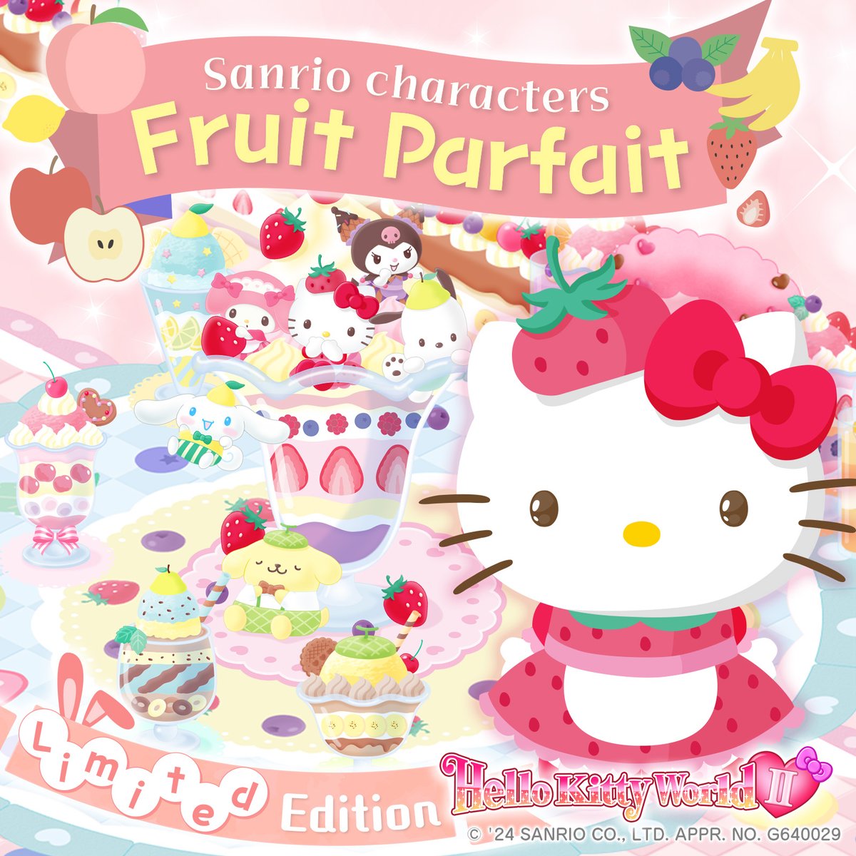 It's a Fruit Parfait party 🍓🍨🍒 Decorate your amusement park with colorful fruit motifs now on the Hello Kitty World II app. Download and play now: accessbright.page.link/hellokitty?sf1…