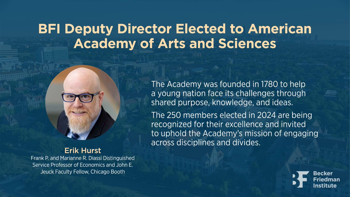 Congratulations to our director, @ChicagoBooth's Erik Hurst, on his election to the @americanacad! Founded during the revolution in 1780, the Academy's membership includes such visionaries as Ben Franklin, Maria Mitchell, Charles Darwin, @johnlegend, & @george_cl_0ff. 👏👏
