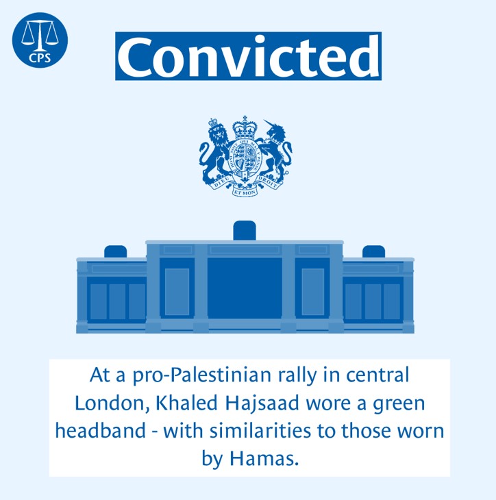 ⚖️ A 25-year-old man from Birmingham has been convicted of arousing suspicion that he was supporting Hamas – a proscribed terrorist organisation. Khaled Hajsaad claimed the headband was Saudi Arabian but was found guilty following a trial. Read more ▶️ cps.gov.uk/cps/news/man-w…
