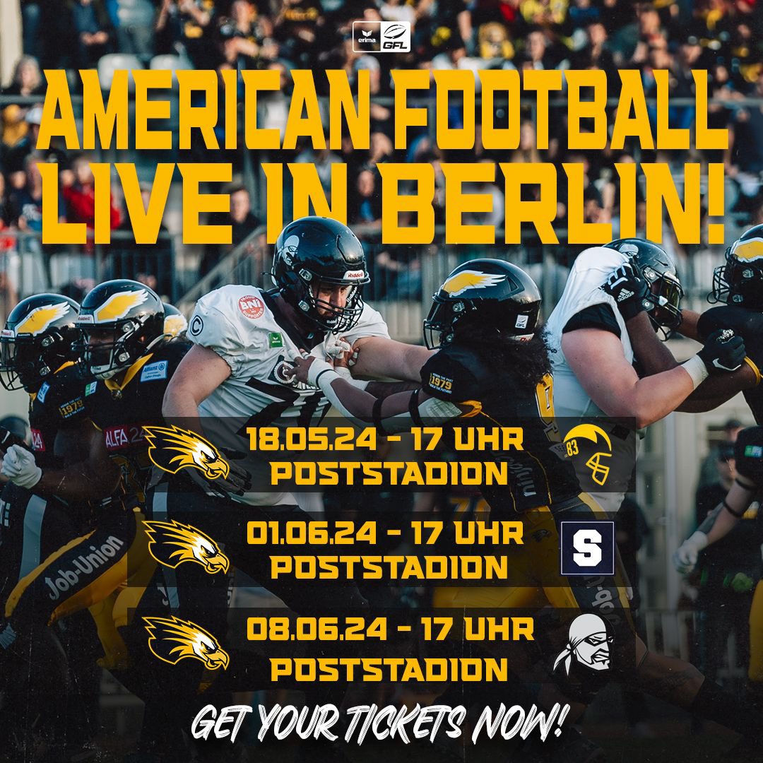 Ready for some GFL Football? 🏈 Die Berlin Adler starten in wenigen Wochen in die Saison 2024! Sei dabei und erlebe American Football live in Berlin. Sichere dir jetzt deine Tickets über unseren Ticketshop und verpasse auf keinen Fall diese spannenden Matches! 🔥