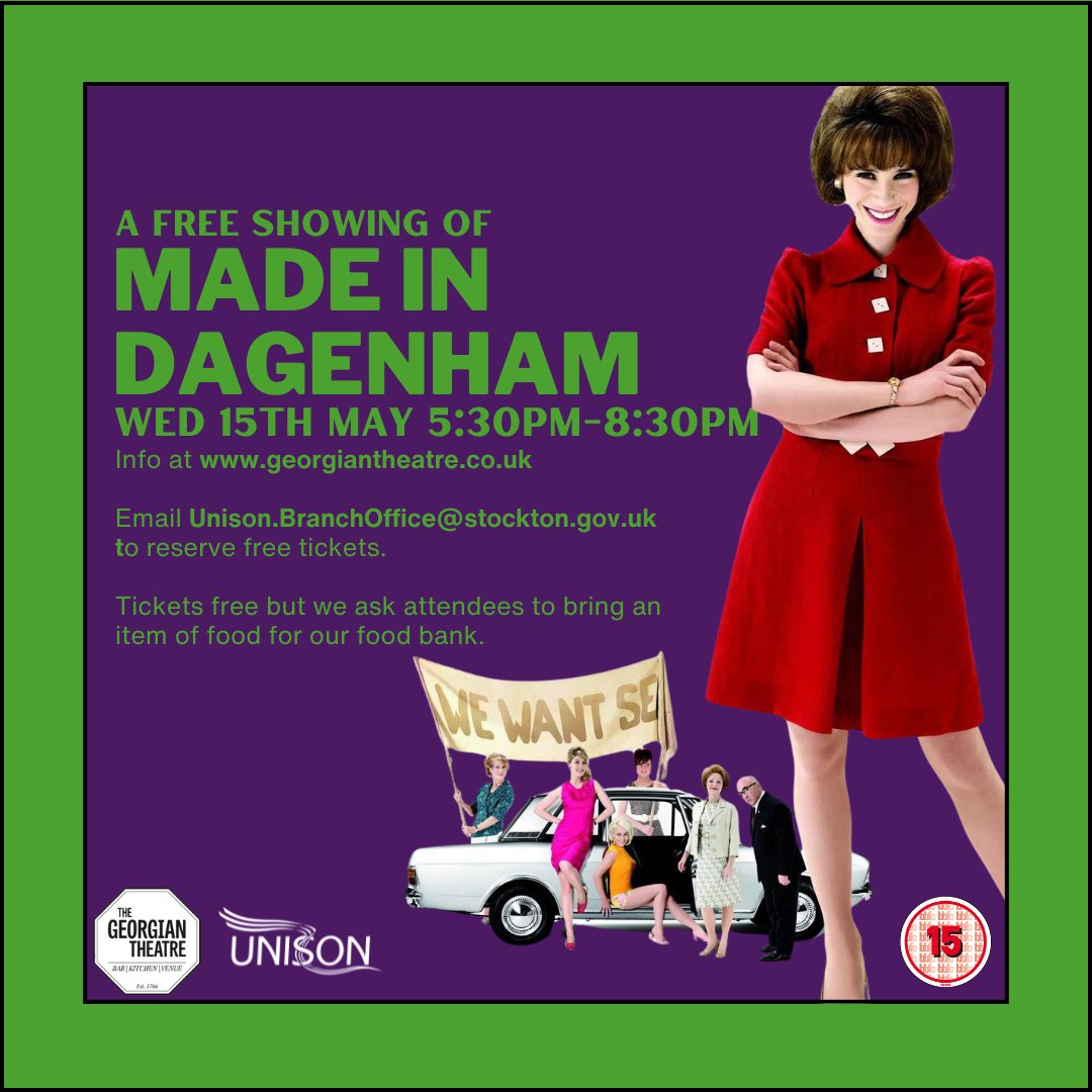 Wed 15th May - @unisontheunion celebrates our women workers with their second free union film night, showing “Made in Dagenham” and celebrating the history of women in the labour movement. For more info and to reserve your free tickets email unison.branchoffice@stockton.gov.uk