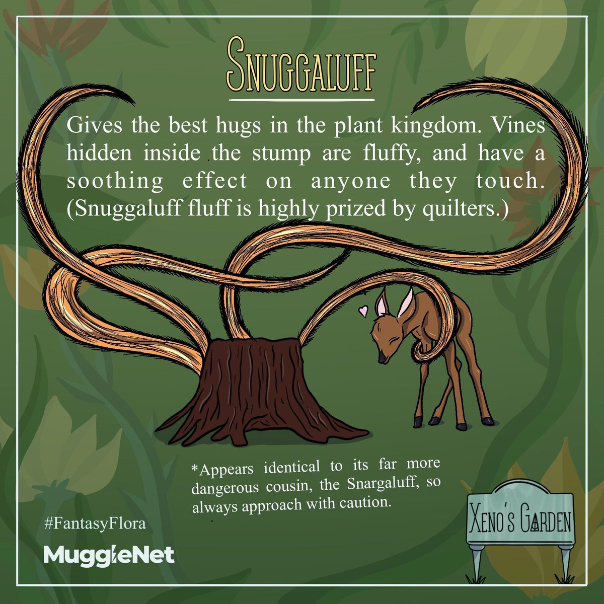 MuggleNet's tweet photo. In today's "Xeno's Garden," we feature the "Snuggaluff." Unlike its dangerous cousin, the "Snuggaluff" has fluffy vines that it uses to comfort passersby. Quilters enjoy using the fluff from these vines and consider it a valuable material. 🌳🪡  #Snuggaluff #FantasyFlora https://t.co/Lr491xX9Oo