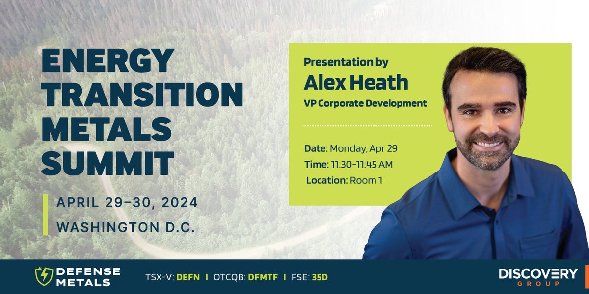 Our team is excited to attend the first Energy Transition Summit in Washington, D.C.! We invite attendees to join our VP Corporate Development, Alex Heath's presentation on April 29th.

Learn more about the event at ow.ly/7S7C50RlqXx 

$DEFN.v #ETMS2024 #criticalminerals