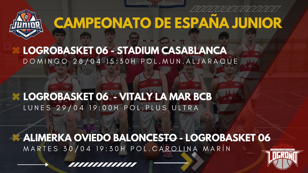 Este fin de semana los #Blanquirrojos ⚪️🔴 del LogroBasket 06 iniciarán su participación en el #FEBJunior2024 que se disputará en Huelva a partir del próximo domingo. Suerte a nuestros juniors que quedaron encudrados en un duro grupo con @stcbaloncesto, @BCBBadajoz y @oviedocb.