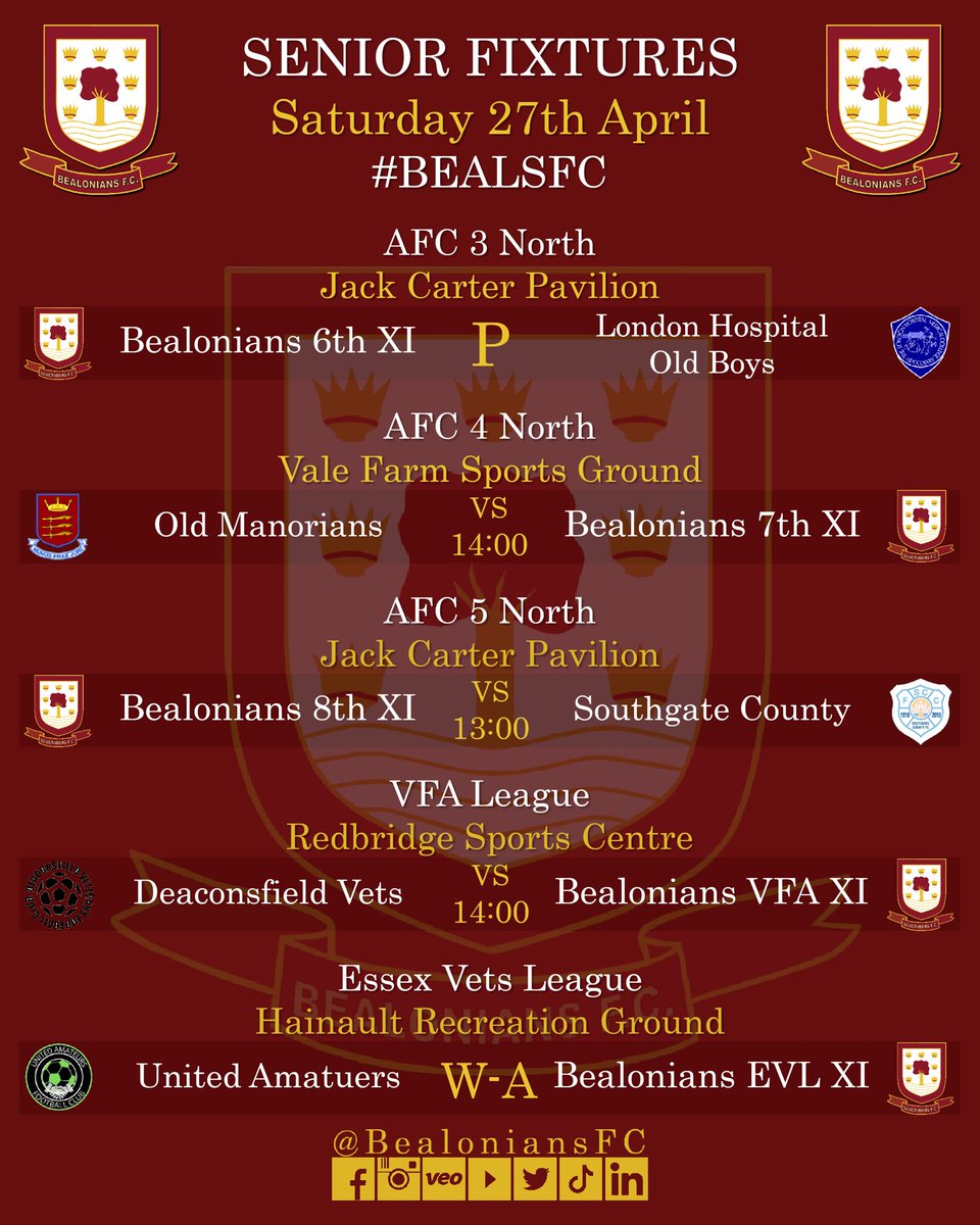 Game Week 34 sees another 2 opposition unable to field teams, which means our 6s and EVL have a weekend off, good luck to the 3s in the OB Cup final and the other 6 teams in action this weekend. Good luck to all ⚽️⚽️⚽️⚽️ - #BealsFC #Grassrootsfootball #Football #Footballforall