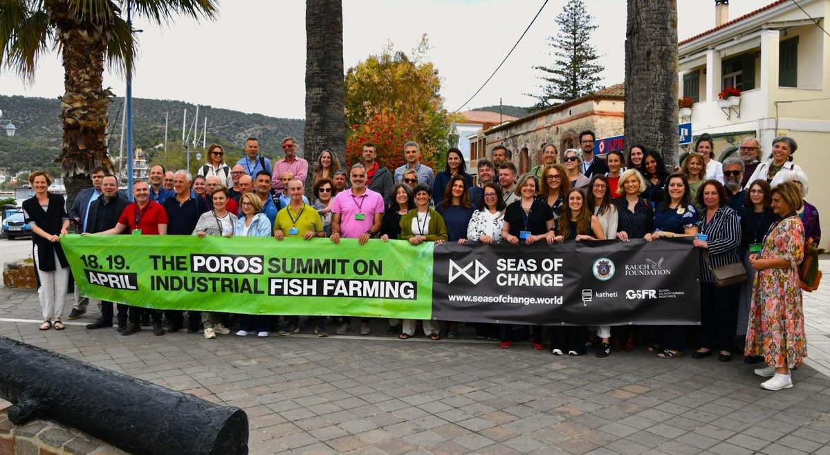 thinkconscience's tweet image. The first Summit on industrial fish farming #seasofchange gathered 80+ people from 54 organisations in 14 countries last weekend in Poros, the Greek island which one year ago launched a campaign to #saveporos from a 24 fold planned expansion of fish farming around its coast