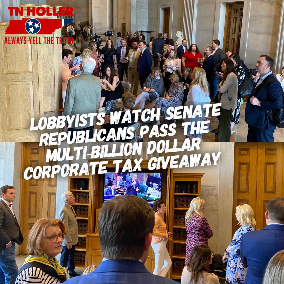 TheTNHoller's tweet image. JUST NOW: LOBBYISTS watched Senate Republicans pass their multi-BILLION dollar corporate tax giveaway (mostly to out of state companies) like it was the Super Bowl 

@SenJohnson (and @GovBillLee) worked hard to shield companies from real transparency