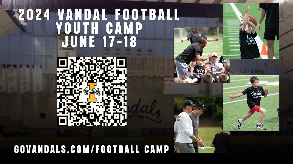 Have kids? Love 🏈? Have them spend two days this summer with @VandalFootball coaches & players developing techniques, meeting new friends & having some fun in the Kibbie Dome. 💻 shorturl.at/ijyBN ✌️’s⬆️