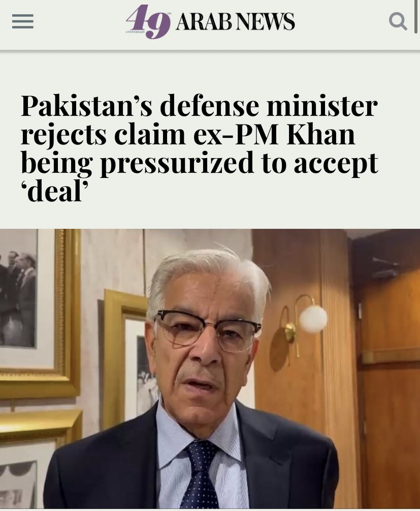 Khwaja Asif rejects notion that Imran Khan is being coerced entering into negotiations or agree to a deal. It's absurd how Chairman PTI Barrister Gohar are making these statements just to stay in the spotlight. There is no truth to such claims. arabnews.com/node/2499321/p…