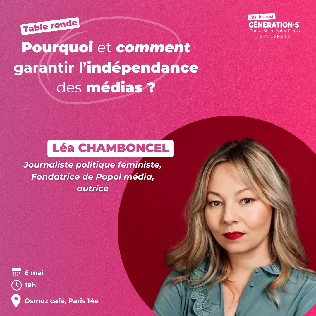 🗓 Le 06 mai à 19h, à l'Osmoz café, Paris 14ème. @ChamboncelLea viendra nous parler indépendance des médias dans le cadre de notre table ronde! On a déjà hâte d'y être et vous?✨️ Pour s'inscrire c'est juste ici: urlr.me/pwGZX