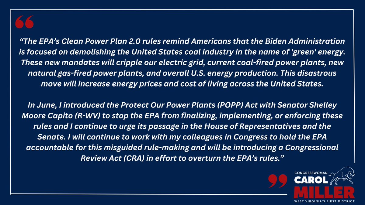 The EPA’s Clean Power Plan 2.0 rules are nothing but radical energy policies disguised by the Biden Administration in the name of “green energy.” I will make certain to work with my colleagues to hold the EPA accountable for these rules. Read my statement below ⬇️
