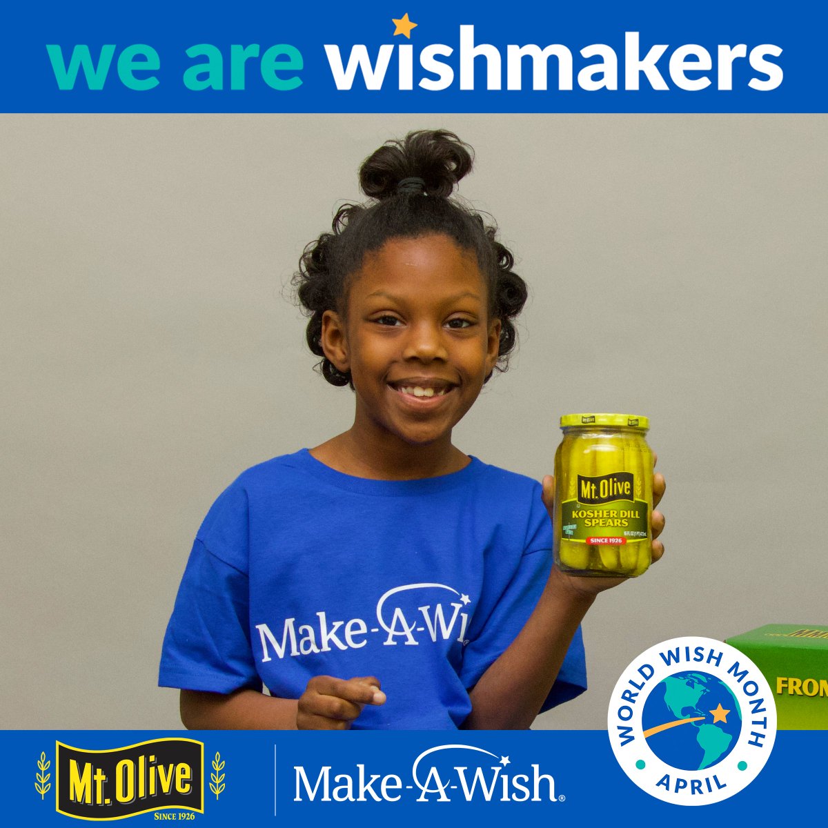 💙 At Mt Olive Pickle Company, we are proud to be WishMakers. This World Wish Month, join us as a WishMaker to help @MakeAWish grant more wishes for kids when they need it most. Without WishMakers, wishes don't come true. 

Photo: Zuria, Age 7, Cancer, Concord NC