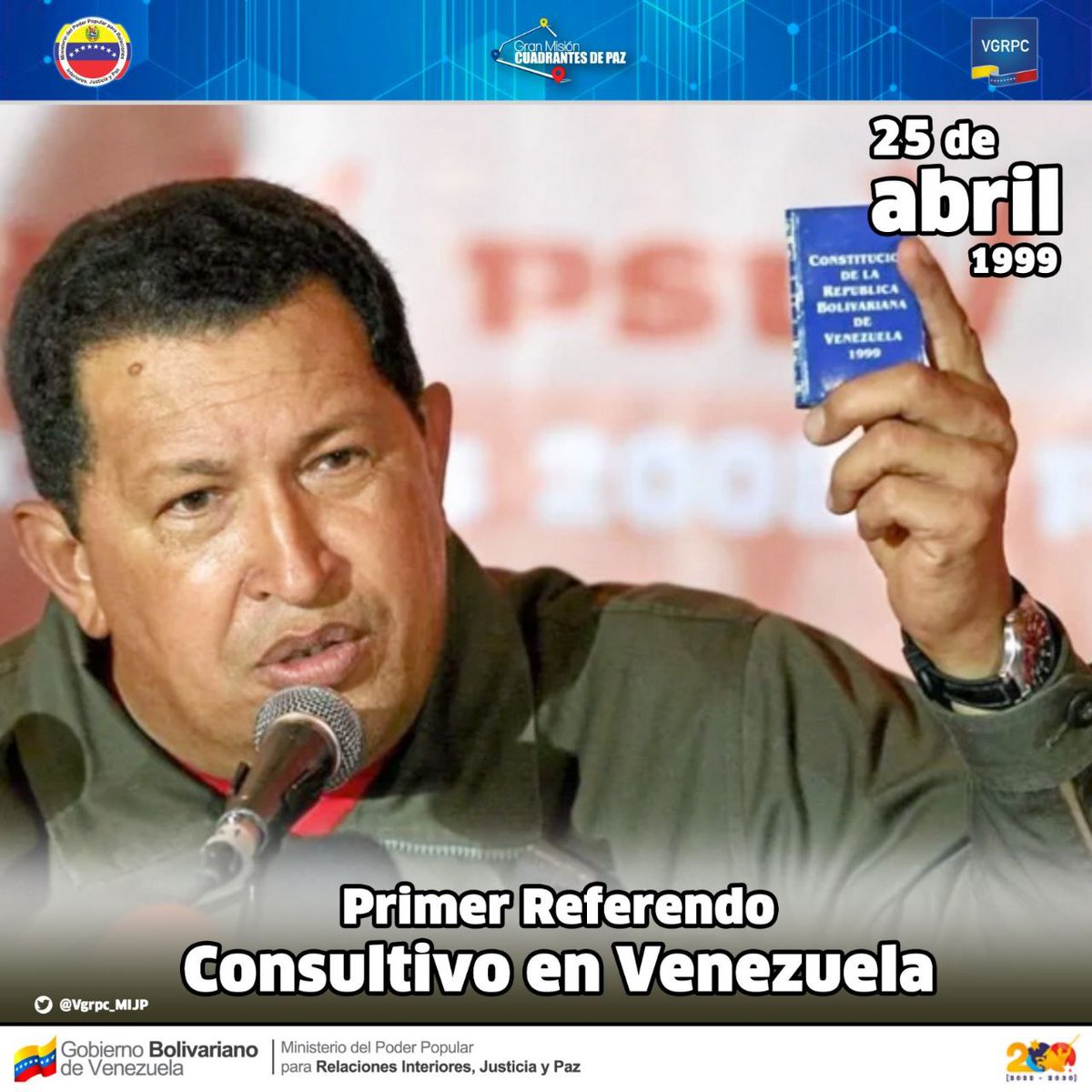 #Efeméride 📆| Un día como hoy #25Abr del año 1999, con 87,75% de los votantes, se aprueba la convocatoria a la Asamblea Nacional Constituyente. 

#UniónDeLosPueblos