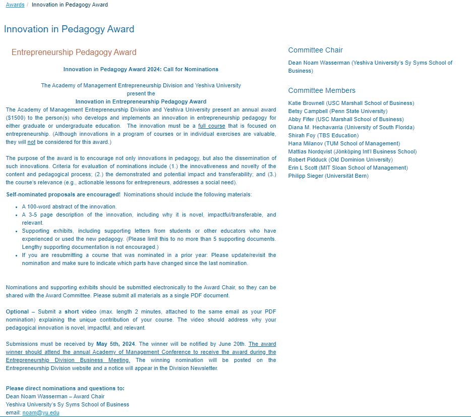 📢2024 INNOVATION IN PEDAGOGY AWARD📢

➡️If you have created a novel pedagogical innovation in the classroom, the ENT Division wants to hear about it. Please consider applying

📆Deadline for application: May 5th, 2024
👉lnkd.in/et7Br9EJ
✉️ Contact Diana Hechavarria