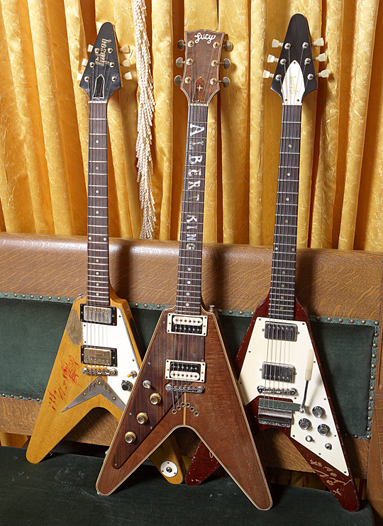 Remembering the one and only Albert King on his birthday - Albert's Flying Vs, the ’59 Gibson Flying V (left), “Lucy” guitar built by Dan Erlewine and ’67 Gibson Flying V (right) #guitar #Gibson #DanErlewineGuitars #FamousGuitars #AlbertKing