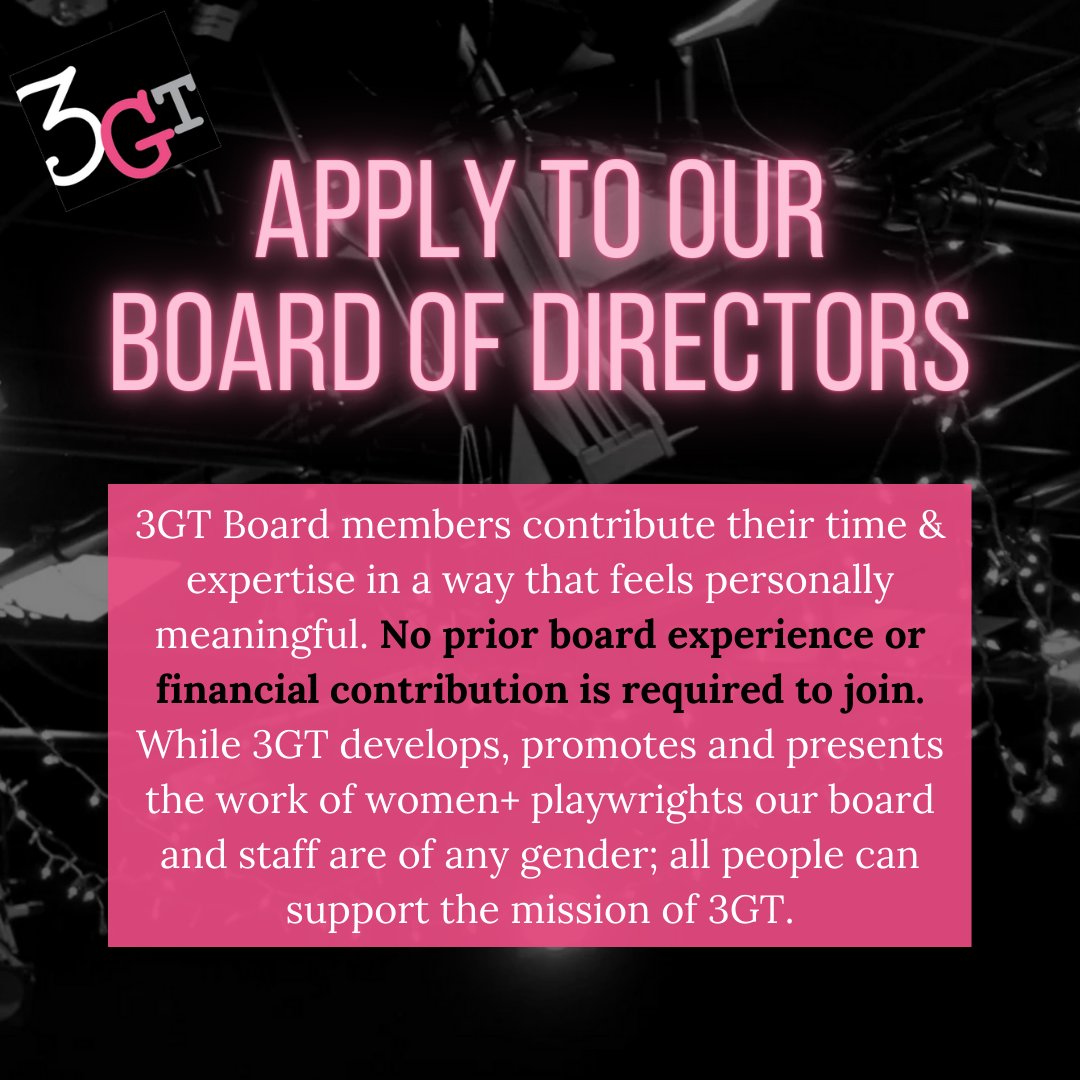 3GT is actively seeking several dedicated members to join our Board. For more details, go to 3girlstheatre.org/joinourboard

#BoardofDirectors #SeekingBoardMembers #SupportTheArts