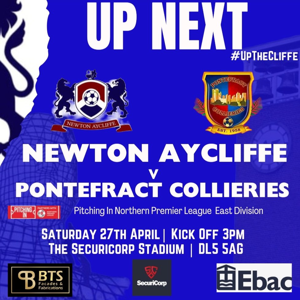 UP NEXT Our final game of the season... On Saturday we welcome Pontefract Collieries to The Securicorp Stadium for our @PitchingIn_ @NorthernPremLge East fixture v @PonteCollsFC Kick off 3pm Proudly supported by @BtsFabs