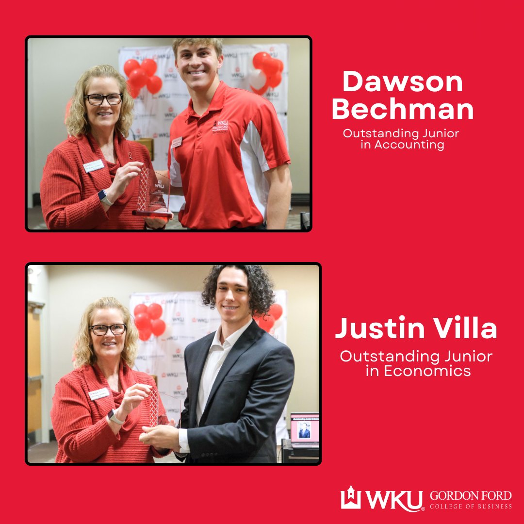 Congratulations to our Junior GFCB Student Award Winners!

🔴 Dawson Bechman- Outstanding Junior in Accounting
⚪ Justin VIlla- Outstanding Junior in Economics

#wku #youbelongatgfcb #awards