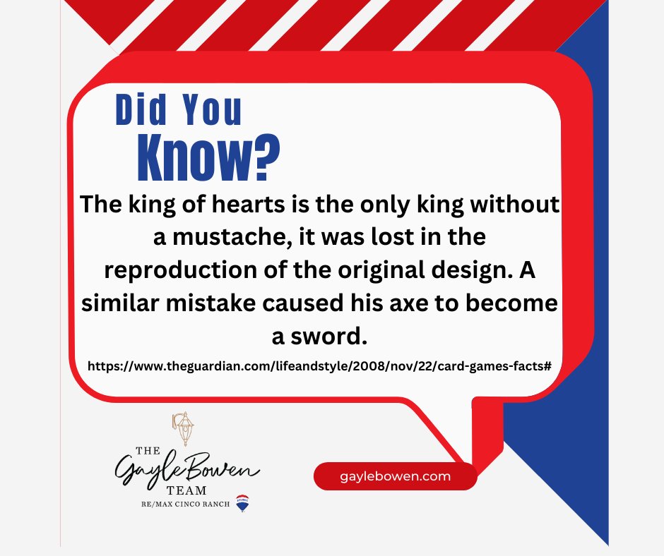 Did you Know?
#funfacts #deckofcards #kingofhearts #games #realestate #remax #thegaylebowenteam #katy #houston #fulshear #richmond #sealy #rosenberg #realtor #remaxhustle