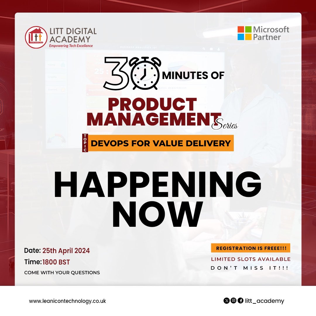 Tune in now for our quick session on product management! Curtis Mensah, our tech expert, is diving into DevOps for value delivery. Don't miss out! 
Register with the link below and book your spot.
shorturl.at/coK05

#ProductManagement #TechTalks #DevOps