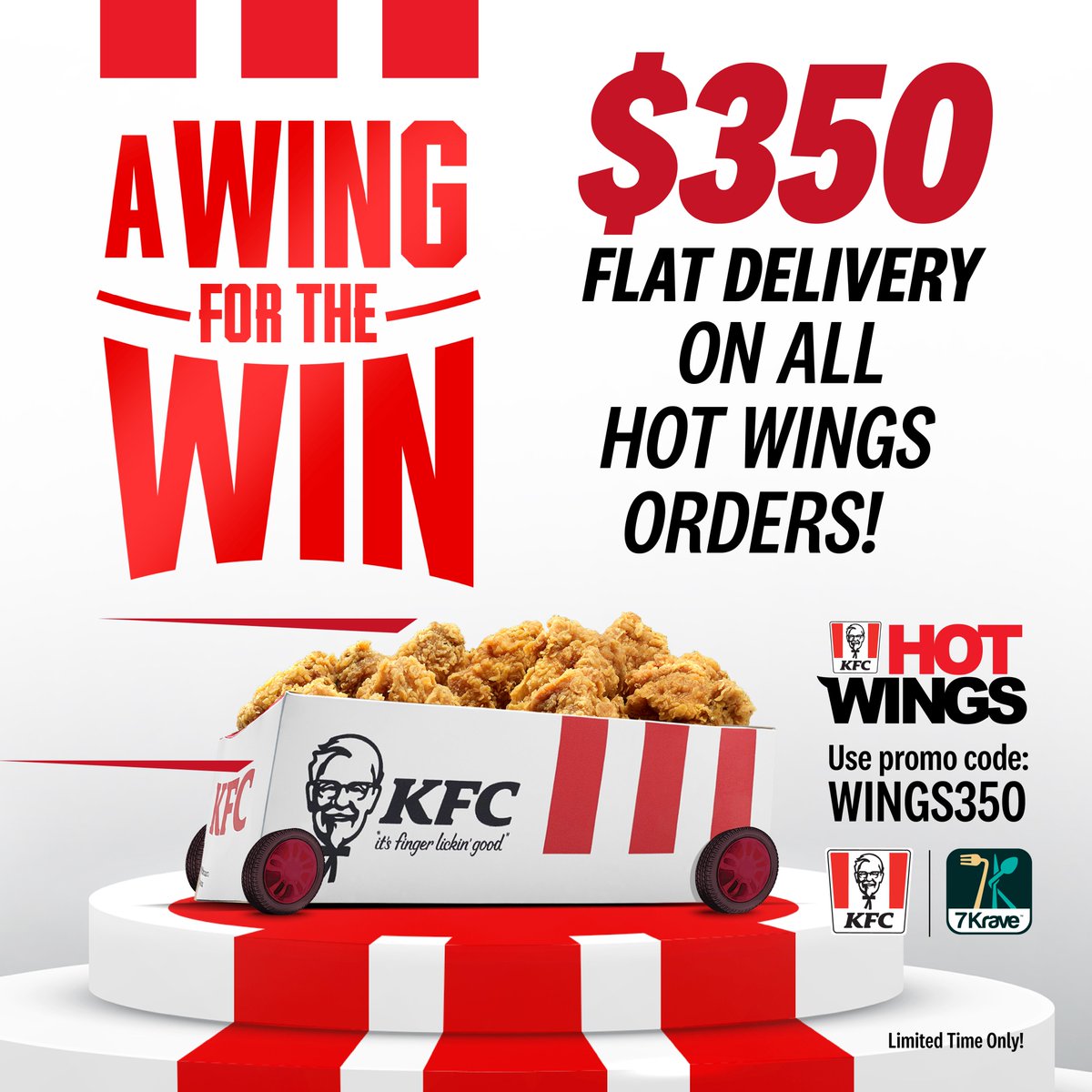 It's time to get that finger lickin' spicy flavour you love delivered with @7kraveja ! Grab #AWingForTheWin with @7kraveja and enjoy $350 Flat Delivery Fee of ALL KFC Hot Wings Orders! Use Code WINGS350 to claim! #KFC #KFCJamaica #KFCHotWings #KFCDelivery #AWingForTheWin