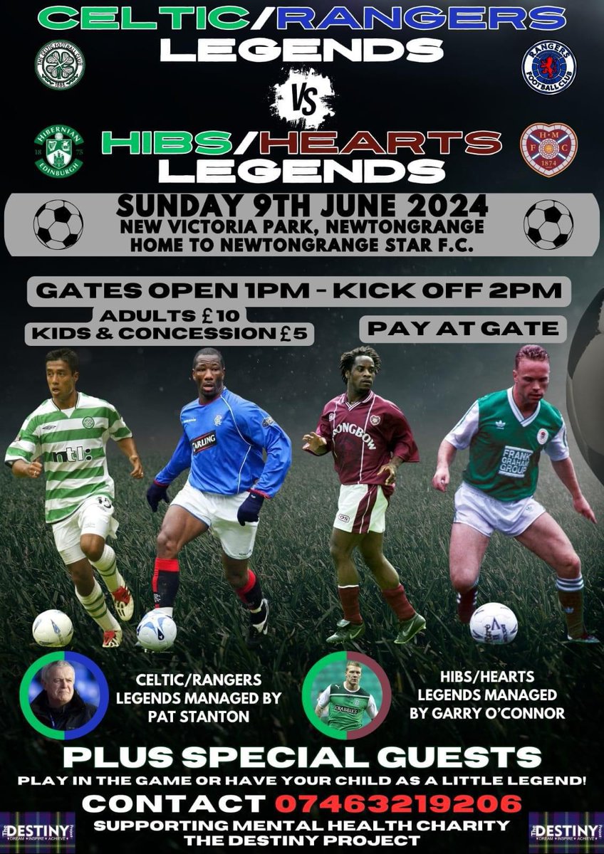 The Destiny Project is proud to announce our next Legends Match in partnership with our friends at Five Star International Events    on the 9th June 2024 at New Victoria Park at Newtongrange Midlothian.  

Get signed up today via number below 👇

#DreamInspireAchieve