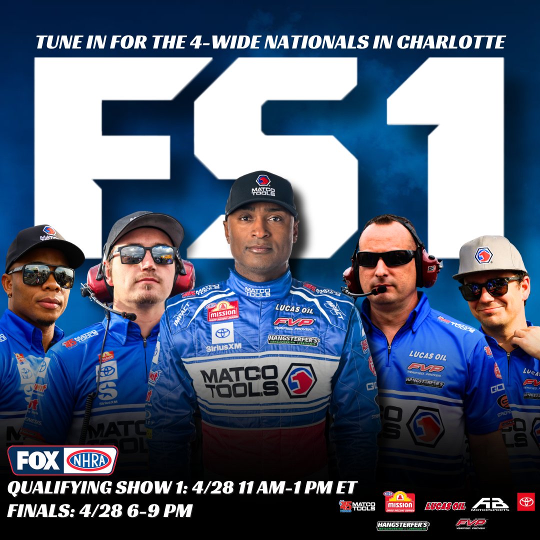 DON'T MISS OUT on all the 4-Wide action happening here in Charlotte this weekend.

TUNE IN on FS1 | #NHRAonFox

@matcotools ☆ @Lucas_Oil ☆ @ToyotaRacing ☆ @Hangsterfers ☆ @FVPparts