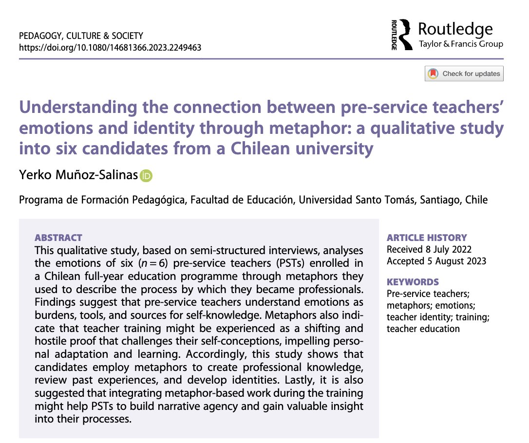 🧑‍🏫This study analyses how six Chilean pre-service teachers use metaphors to describe their emotional journey into teaching, revealing training as both a challenge and a tool for self-discovery. 

🔗tandfonline.com/doi/full/10.10…

Feel free to share🤗

#TeacherEducation