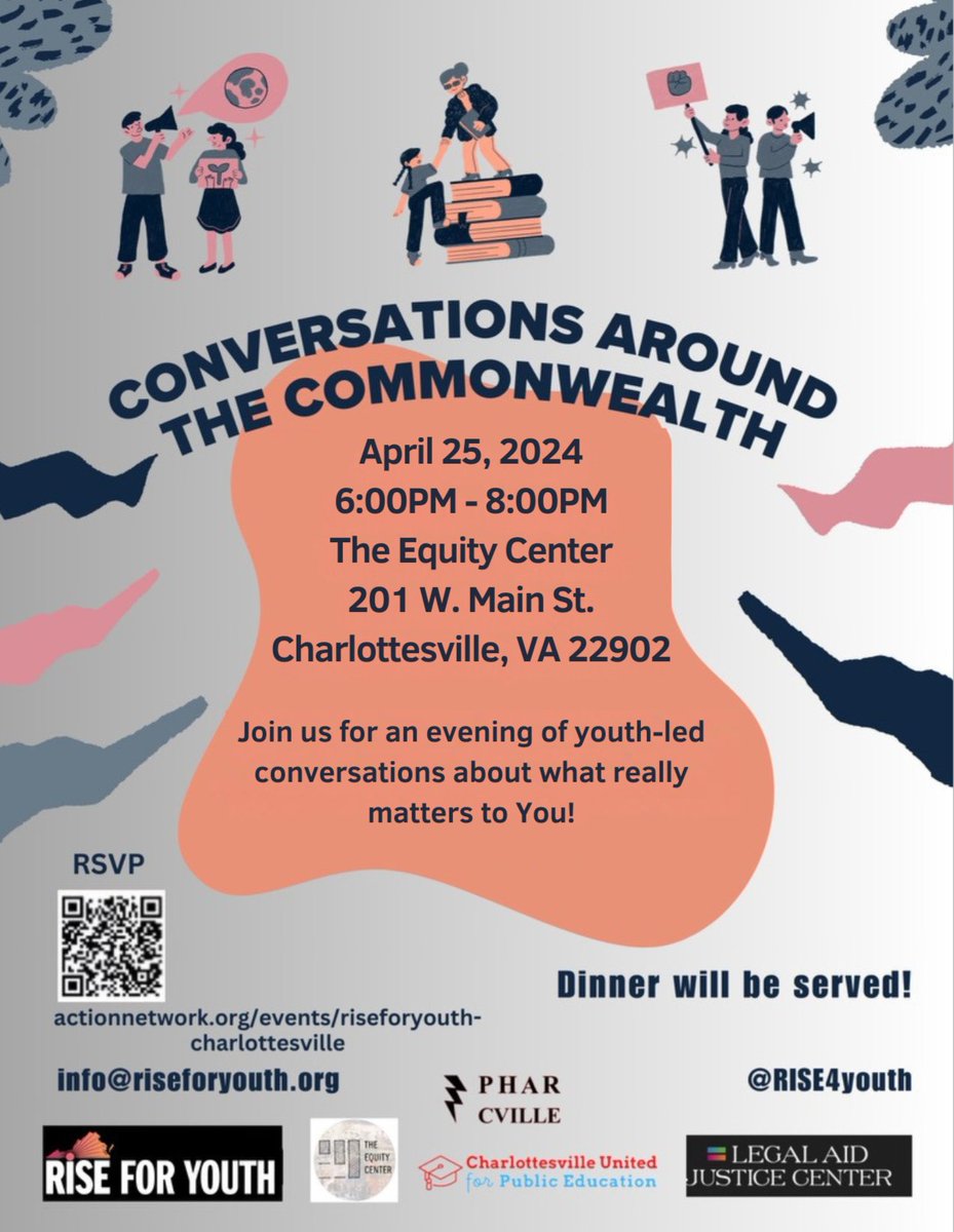 Join us #today at @RISEforYouth's 'Conversations Around the Commonwealth' in #Charlottesville, where we'll discuss youth involvement in the justice system, schools, gun violence, and more. We want to listen to our youth's perspective! RSVP here: actionnetwork.org/events/risefor…