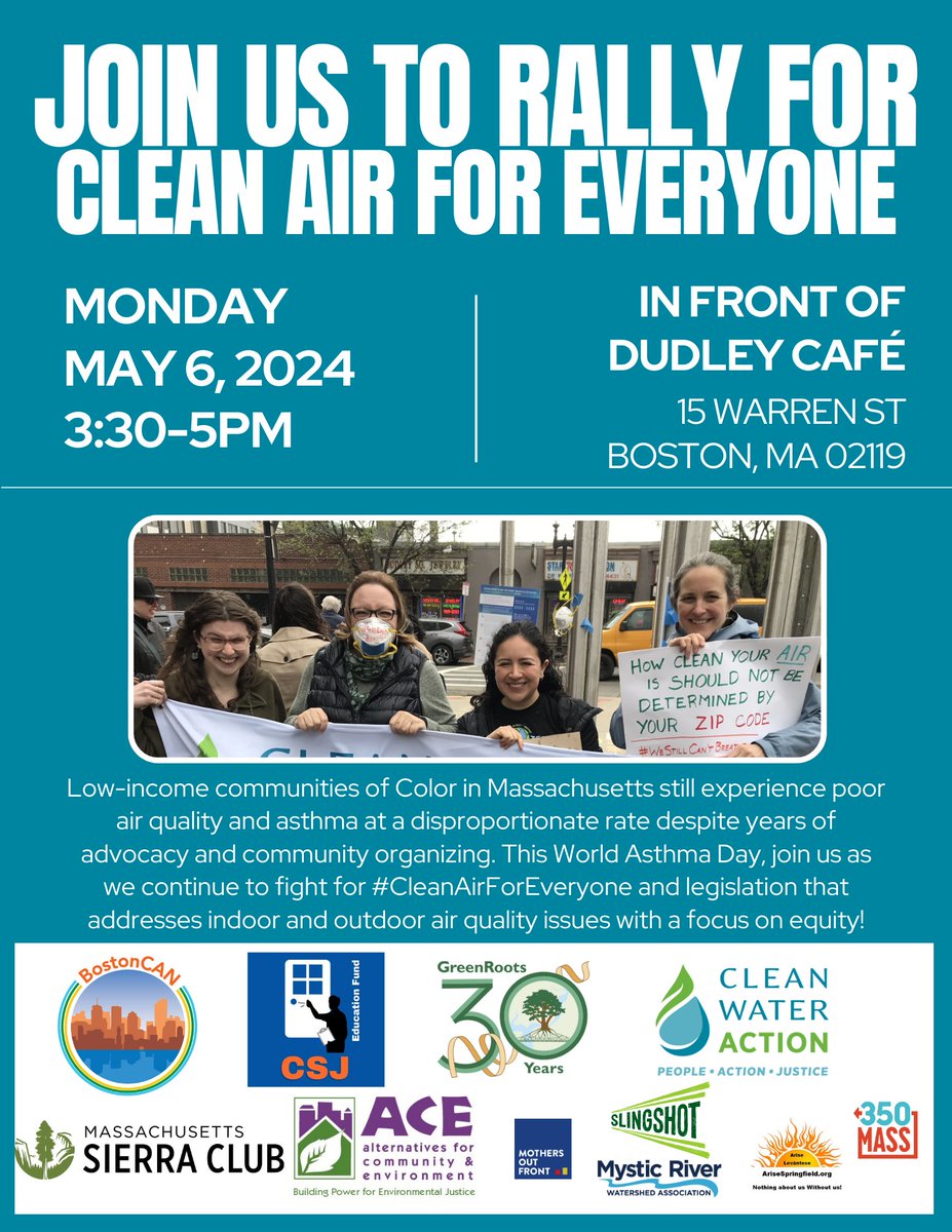 We're all in on #AirQuality and #EnvironmentalJustice! RSVP to join us at @CleanH2OMA's #WorldAsthmaDay Rally: cleanwater.salsalabs.org/ma-world-asthm…