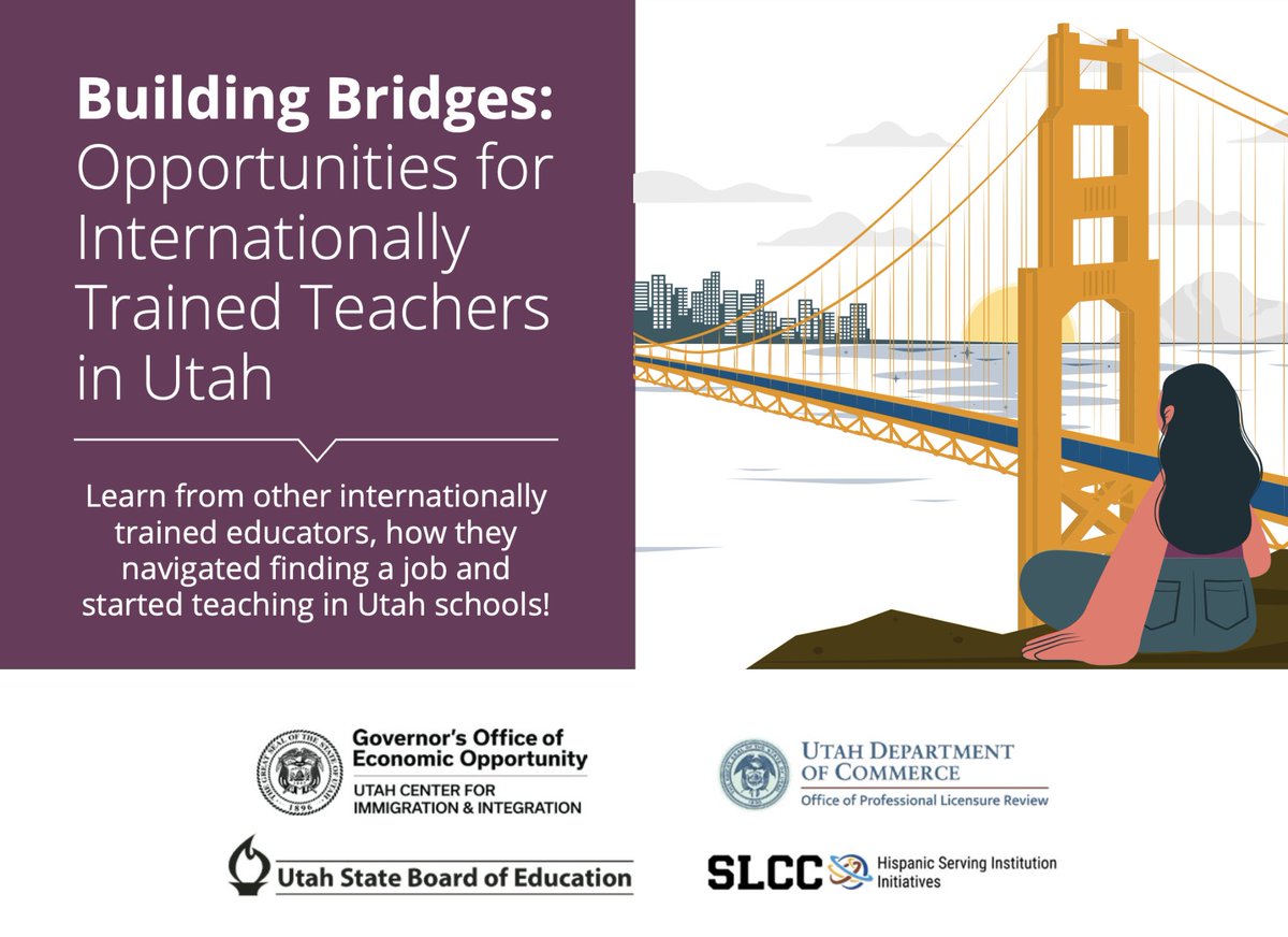 The Utah Center for Immigration & Integration is partnering with other agencies to host the Building Bridges event on April 29 to prepare educators trained in other countries who want to teach in Utah. Learn how to become licensed and find jobs in Utah. docs.google.com/forms/d/e/1FAI…