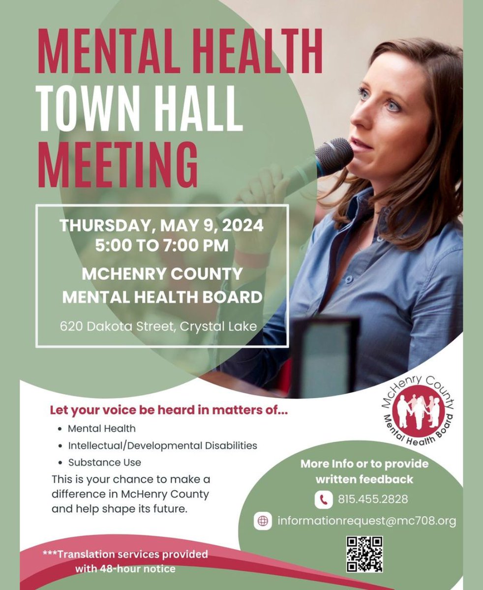 For more info or to provide written feedback, call 815.455.2828 or email informationrequest@mc708.org. Let's make a difference!

#MentalHealthAwareness #CommunityVoice #TownHallMeeting