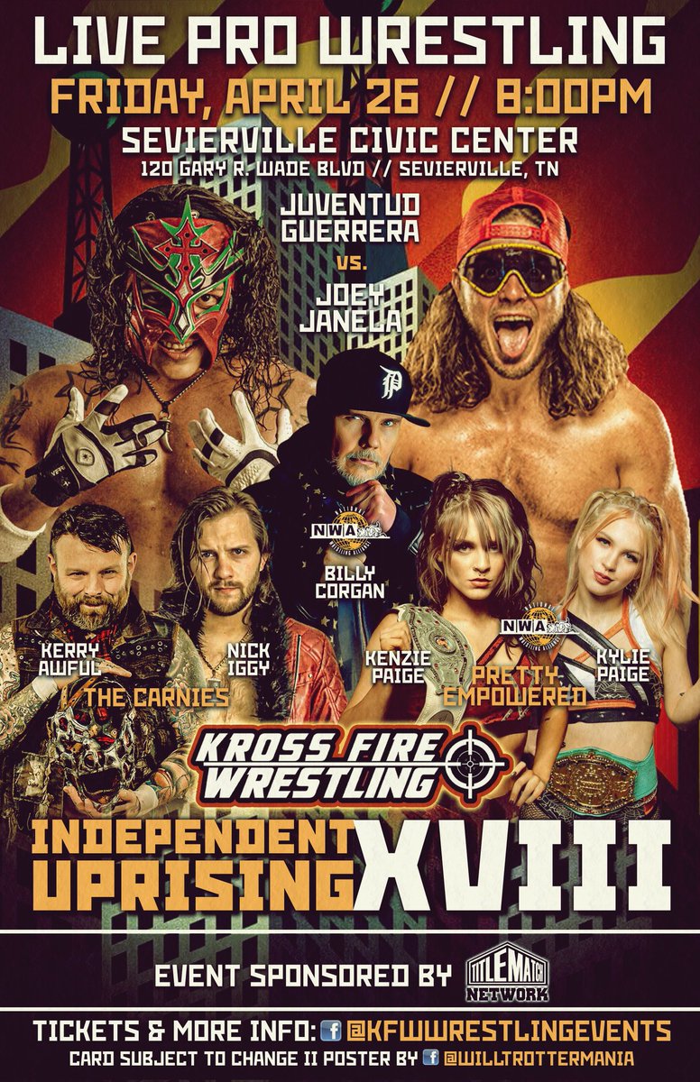 Tomorrow April 26th!!!!! 🚨🔥 The One thing about @KfwTn is Anything can go Down!!!! @nwa Owner Billy Corgan the Icon will be in the House.... Along with @JUVENTUDGUERRE2 & @JANELABABY This Event Sponsored By @TitleMatchWN