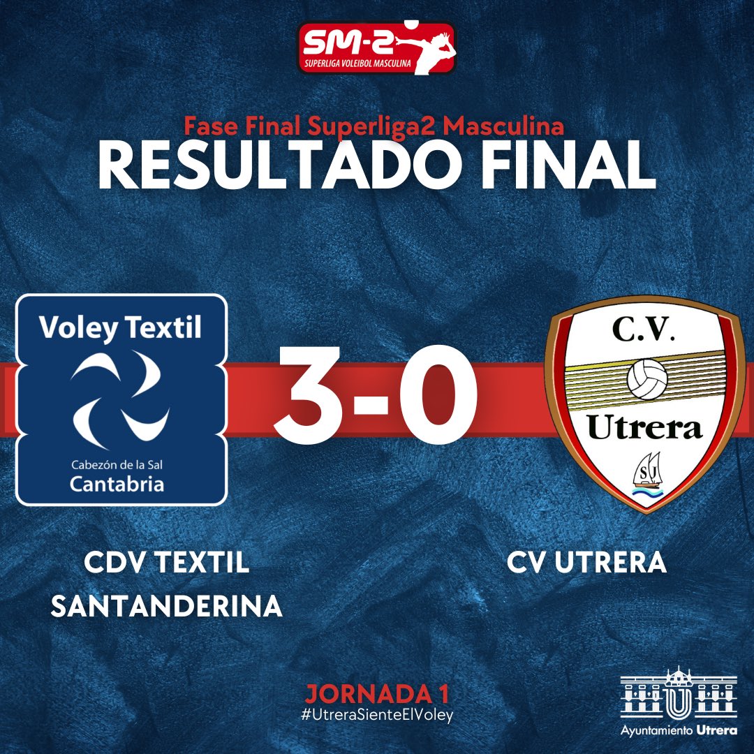 🏁 𝐑𝐄𝐒𝐔𝐋𝐓𝐀𝐃𝐎 𝐅𝐈𝐍𝐀𝐋

Derrota frente a <a href="/VoleyTextil/">Voley Textil</a> por 3-0 en nuestro estreno.

Enhorabuena al rival por la victoria 👏🏼

Mañana otra nueva oportunidad para seguir luchando por el sueño 💪🏼 ¡Seguimos! 

#UtreraSienteElVoley