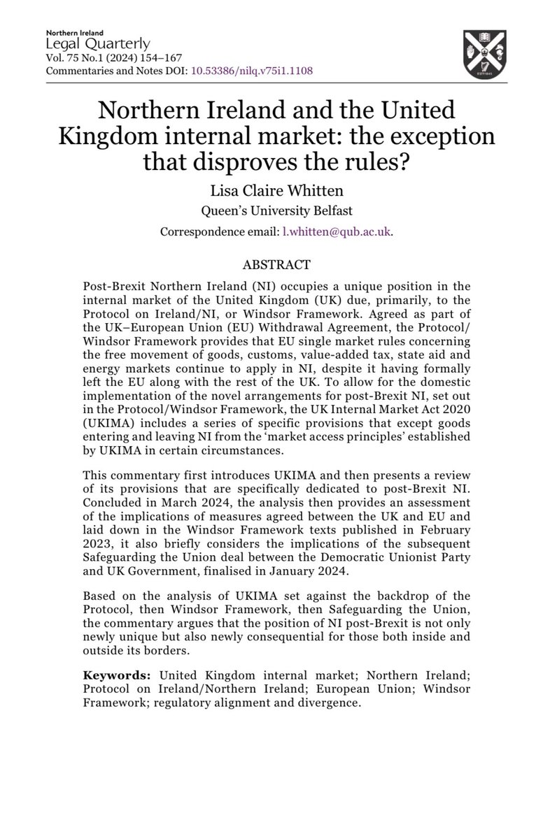 ‘#NorthernIreland and the United Kingdom internal market: the exception that disproves the rules?’

<a href="/LisaClaireWhit1/">Lisa Claire Whitten</a> <a href="/QUBelfast/">Queen's University Belfast 🎓</a> 

doi.org/10.53386/nilq.…