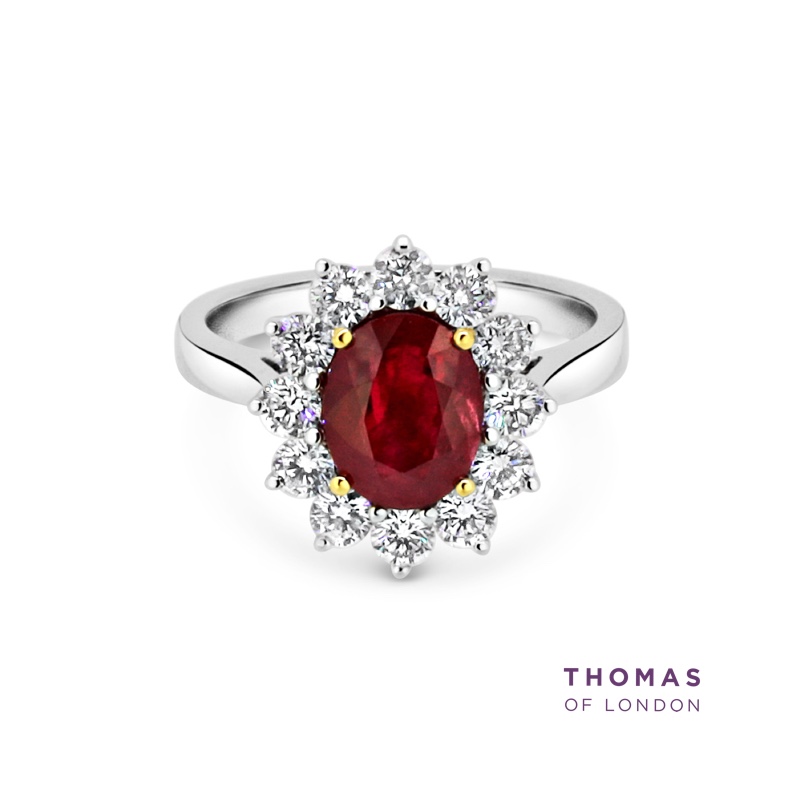 This classic cluster ring features a deep red ruby oval surrounded by a glittering framework of round brilliant cut diamonds. thomasoflondon.com/ruby-diamond-c… #ruby #clusterring #rubyring #engagementring #jewellery #thomasoflondon