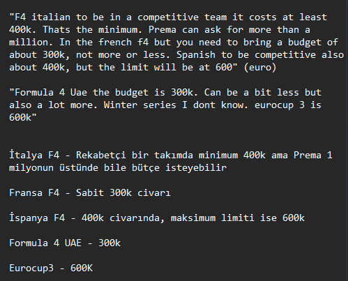 🚨 #Formula4
Bazılarınız Formula 4 serilerindeki tam sezon  yarışma bütçelerini merak etmişti. Ben de geçen sezon F4'de yarışan ve şimdiye kadar 3-4 farklı rekabetçi takımda bulunan bir pilot arkadaşıma bunu sordum, bütçeler bu şekilde.
TR'den yarışmayı düşünen varsa şimdiden…