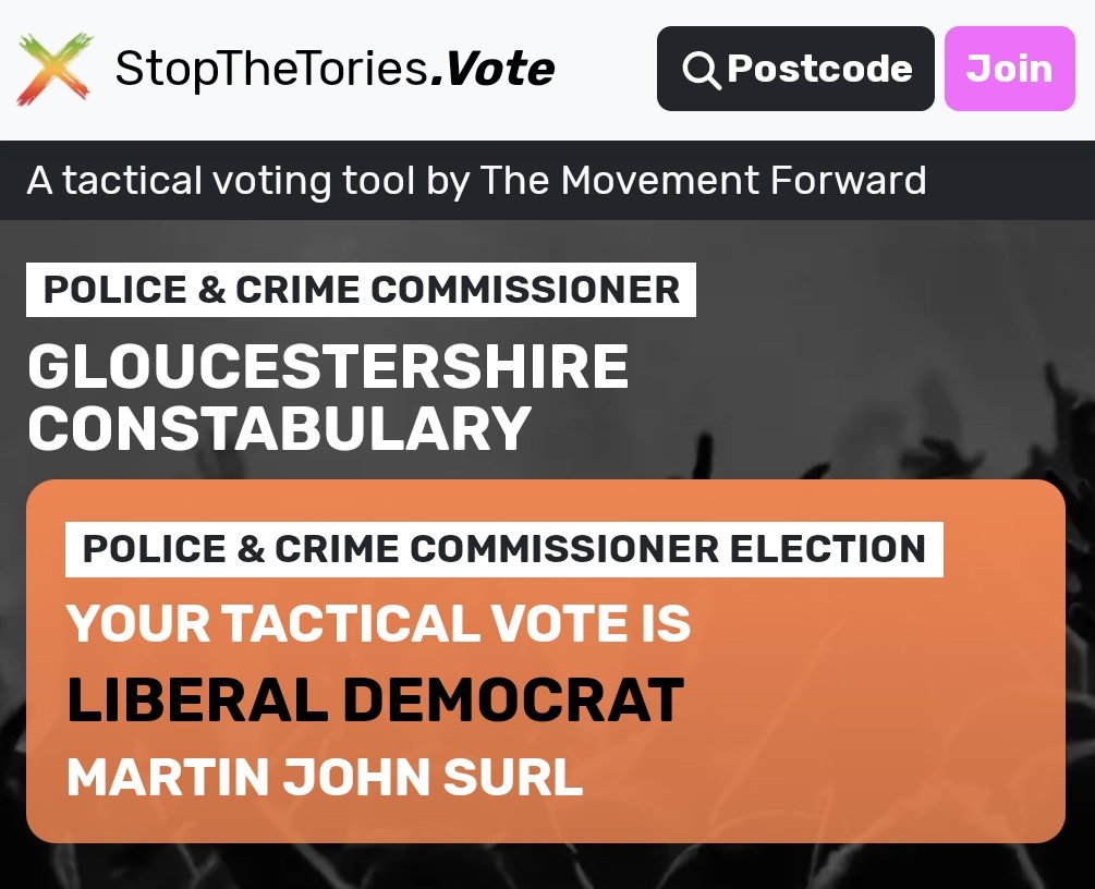 The tactical vote for Gloucestershire Constabulary Police and Crime Commissioner is Liberal Democrat Martin Surl @GlosPCC. In order to remove the Conservative PCC, vote for Martin Surl across Gloucestershire on 2nd May. Courtesy of @MVTFWD. #PCC #LibDem