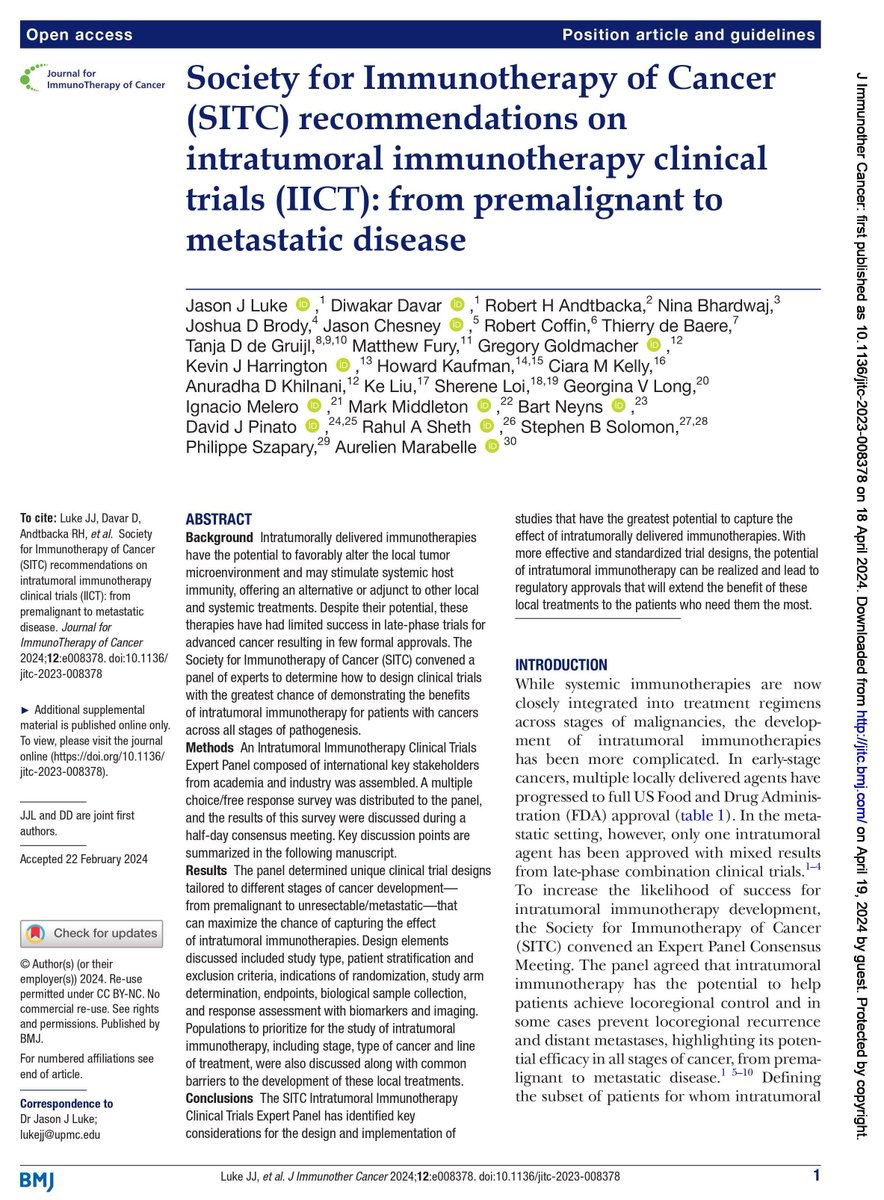 New #JITC position article and guidelines: SITC recommendations on intratumoral immunotherapy clinical trials (IICT): from premalignant to metastatic disease jitc.bmj.com/content/12/4/e… @jasonlukemd @diwakardavar @JoshuaBrodyMD @greg_goldmacher @HowardK39084949 @LoiSher…