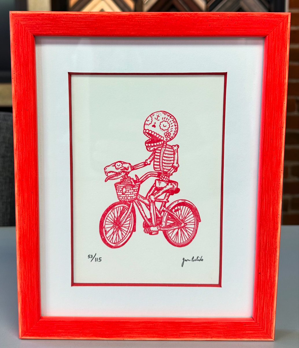 💀 ‘Bicycle Calavera’ print by @josepulido custom framed with acid-free matting, UV glass and frame by @FotiouFrames! #art #denver #colorado #pictureframing #customframing  #5280customframing #josepulido #bicyclecalavera @truvueglazing @Crescent_CP
