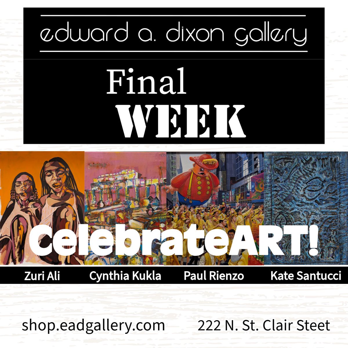 This is the final week to see this collection of amazing artwork together at the gallery through April 28th!  Exhibiting artists:

Kate Santucci
Zuri Ali
Cynthia Kukla
Paul Rienzo
Julio Antonio Pino Varens

#eadgallery #art #daytonart #downtowndayton #dayton #cincinnati