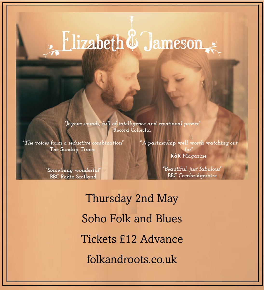 On Thursday 2nd May Elizabeth & Jameson perform Soho Folk and Blues #London - Adv tickets £12 via folkandroots.co.uk Hannah Elizabeth and Griff Jameson have joined forces to create an acoustic folk-roots sound which encompasses both their individual musical backgrounds