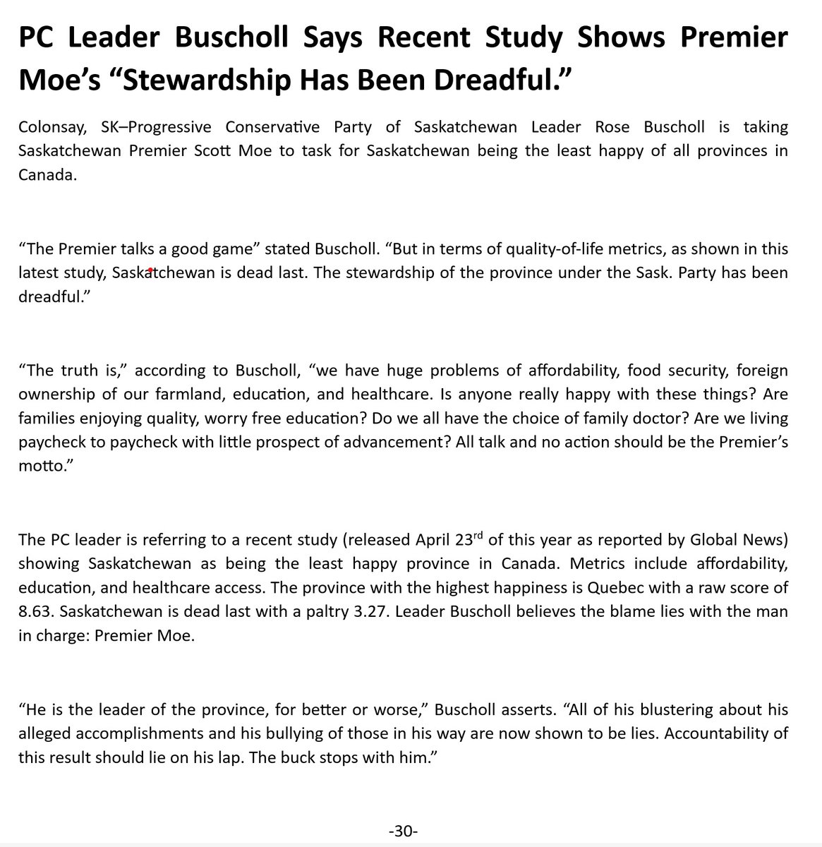“All of his blustering about his alleged accomplishments are now shown to be lies. Accountability of this result should lie on his lap. The buck stops with him.”-PC Leader Rose Buscholl See Rose's Full statement about the study below: globalnews.ca/news/10445330/… #skpoli #Sask